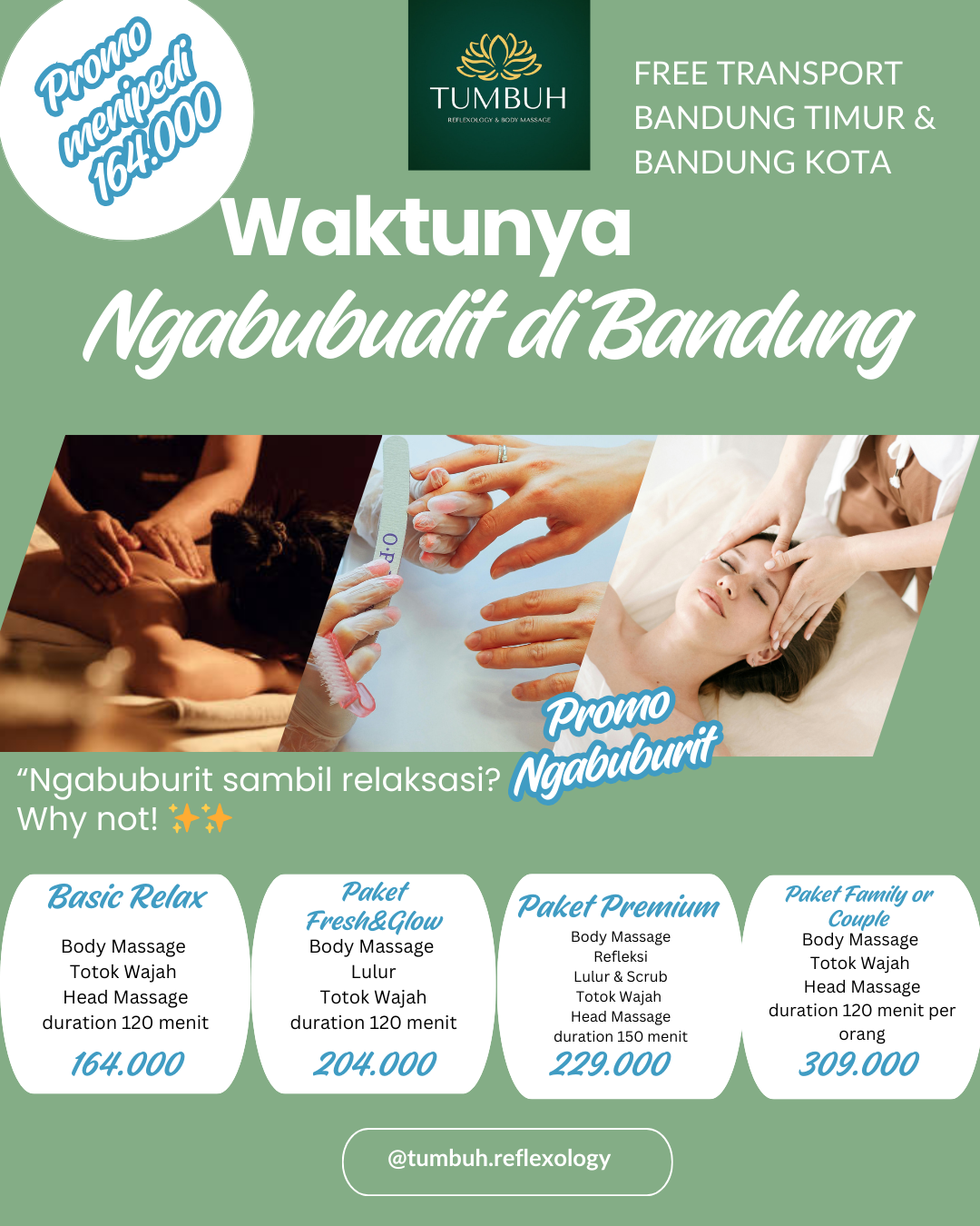 Daftar paket Basic Tumbuh Reflexology Homespa (Basic Relax, Fresh&Glow, Premium, Family/Couple)
