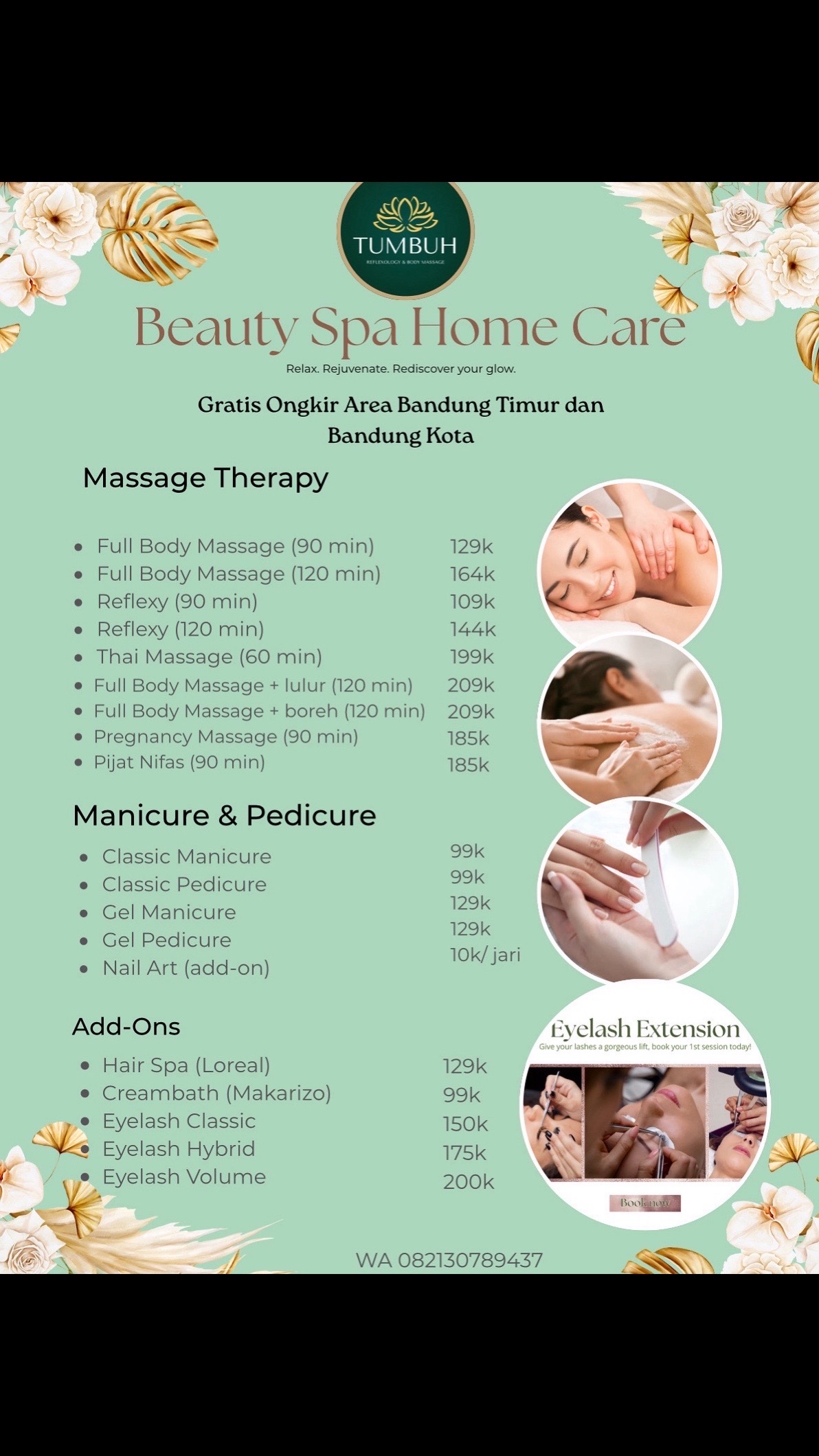 Pricelist lengkap Tumbuh Reflexology Homespa (Massage Therapy, Manicure & Pedicure, Add-Ons)